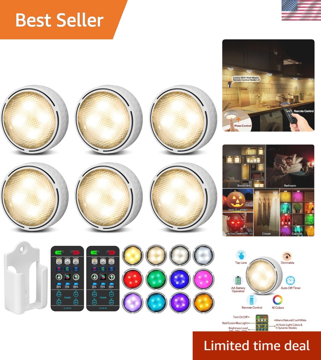 Puck Lights with Remote, AA Battery Operated, White, 6 Pack | Wireless LED Un...