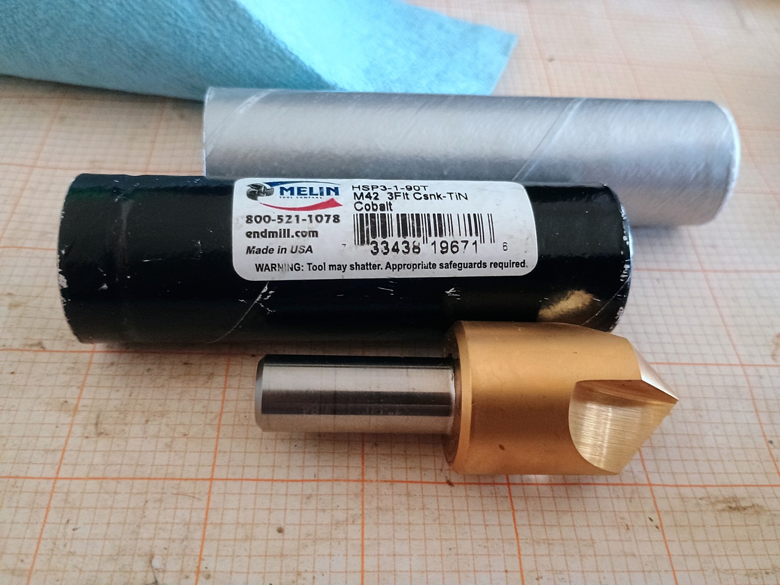 Melin Tool 1" x 90° Three Flute Countersink, TiN Coated Cobalt, 1/2" Shank