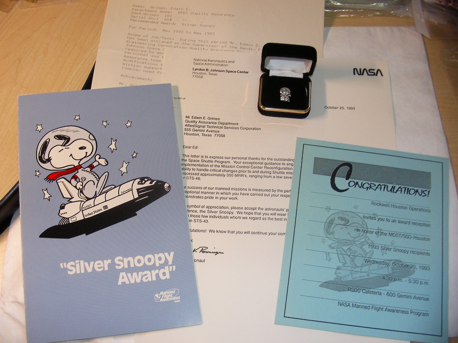 Sterling Silver Snoopy Award Pin Combo Manned Flight Awareness NASA