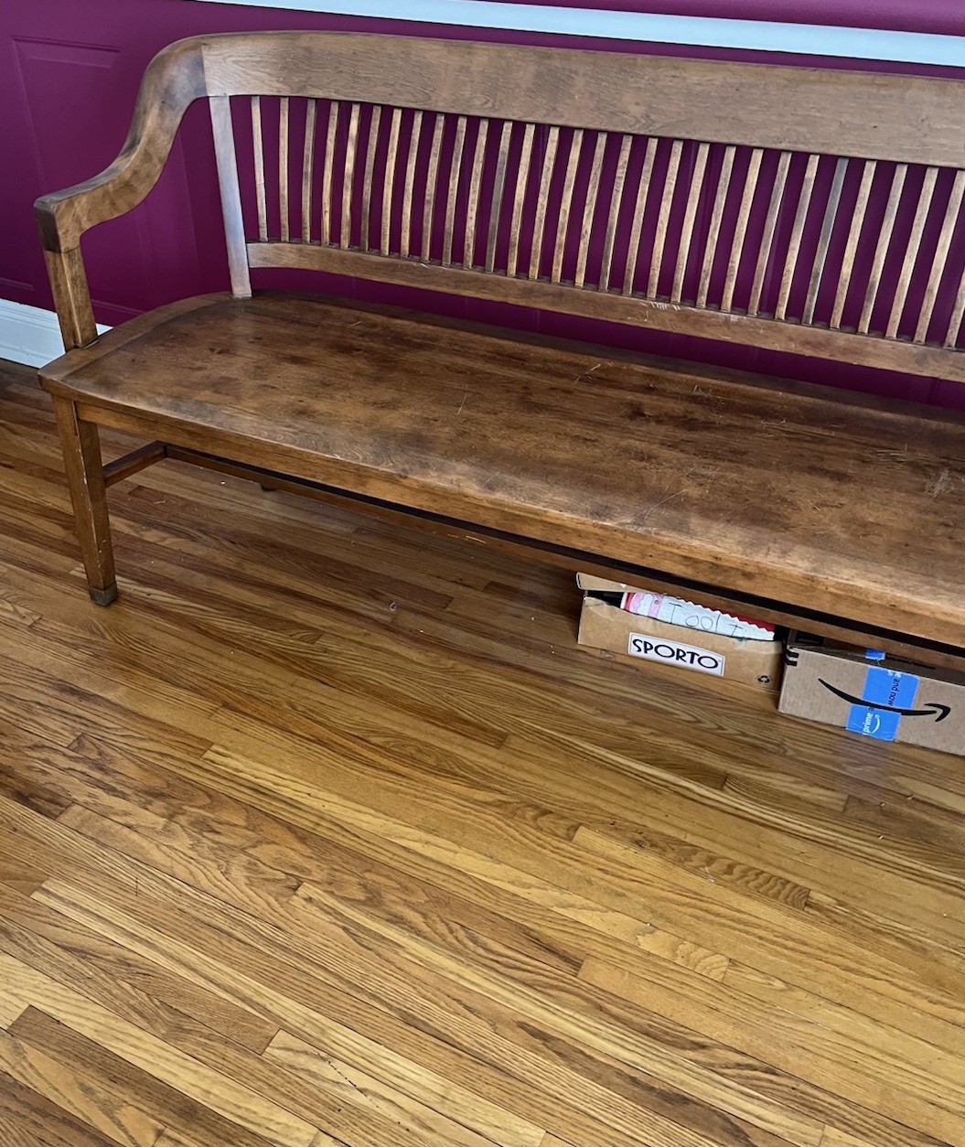 Wood Slat-Back Bench with Arms & Backrest, Brown Medium Tone, MPN 7291