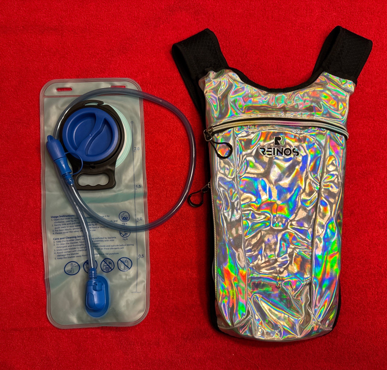 Reinos Hydration Backpack OS Silver Holographic Festival Rave 2L Bladder