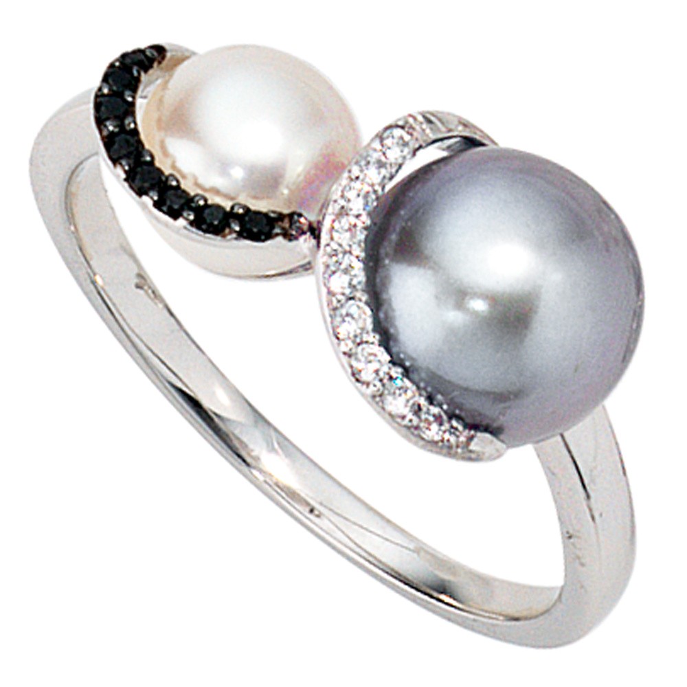Jobo ladies' ring 585 gold White gold 2 freshwater pearls 17 diamonds brilliant gold