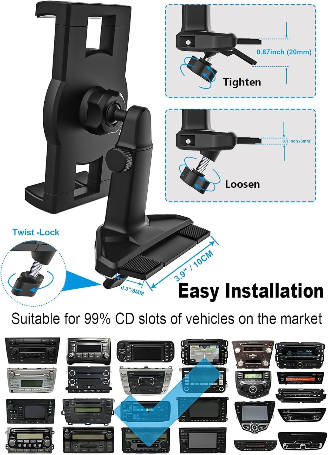 CD Tablet Holder Height Adjustable CD Slot Tablet Mount for Car Telescopic Arm