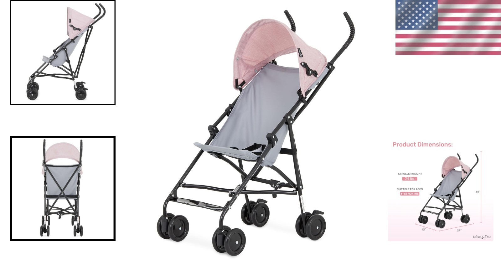 Adjustable Canopy Lightweight Stroller for Toddlers - One-Hand Quick Fold, Pink