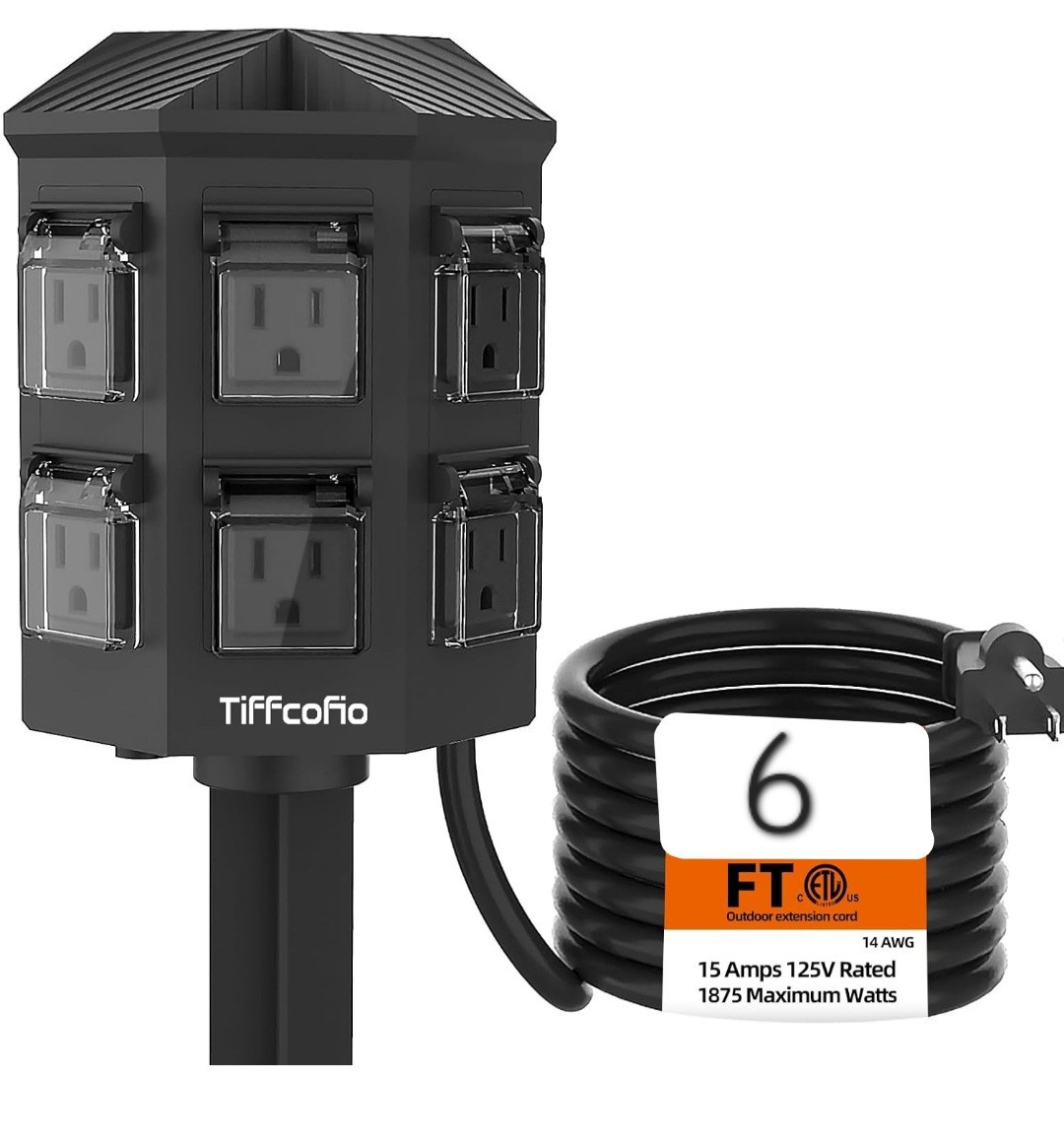 Tiffcofio Outdoor Light Sensor Power Stake Timer Waterproof 6Ft Cord 6 Outlets
