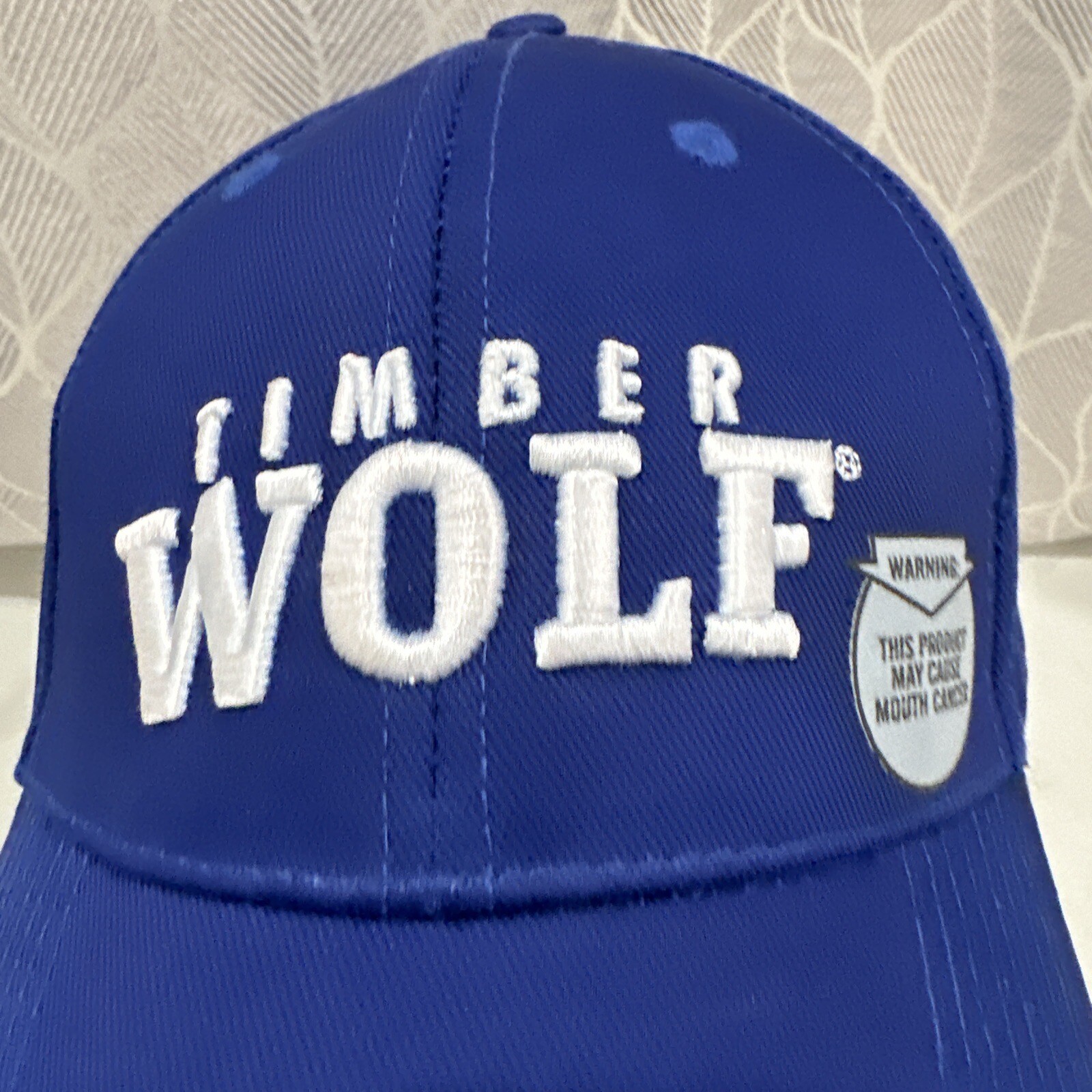 Timber Wolf Hat Cap Royal Blue with White Letters Cancer Warning Tag Hook Loop