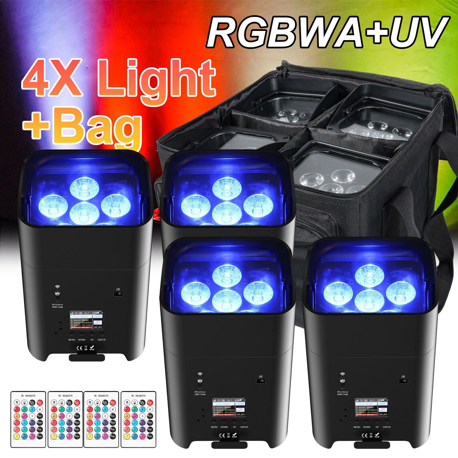 4pcs LED 6x18W RGBWA+UV Battery Powered WIRELESS DMX Par Can DJ Uplighting Party
