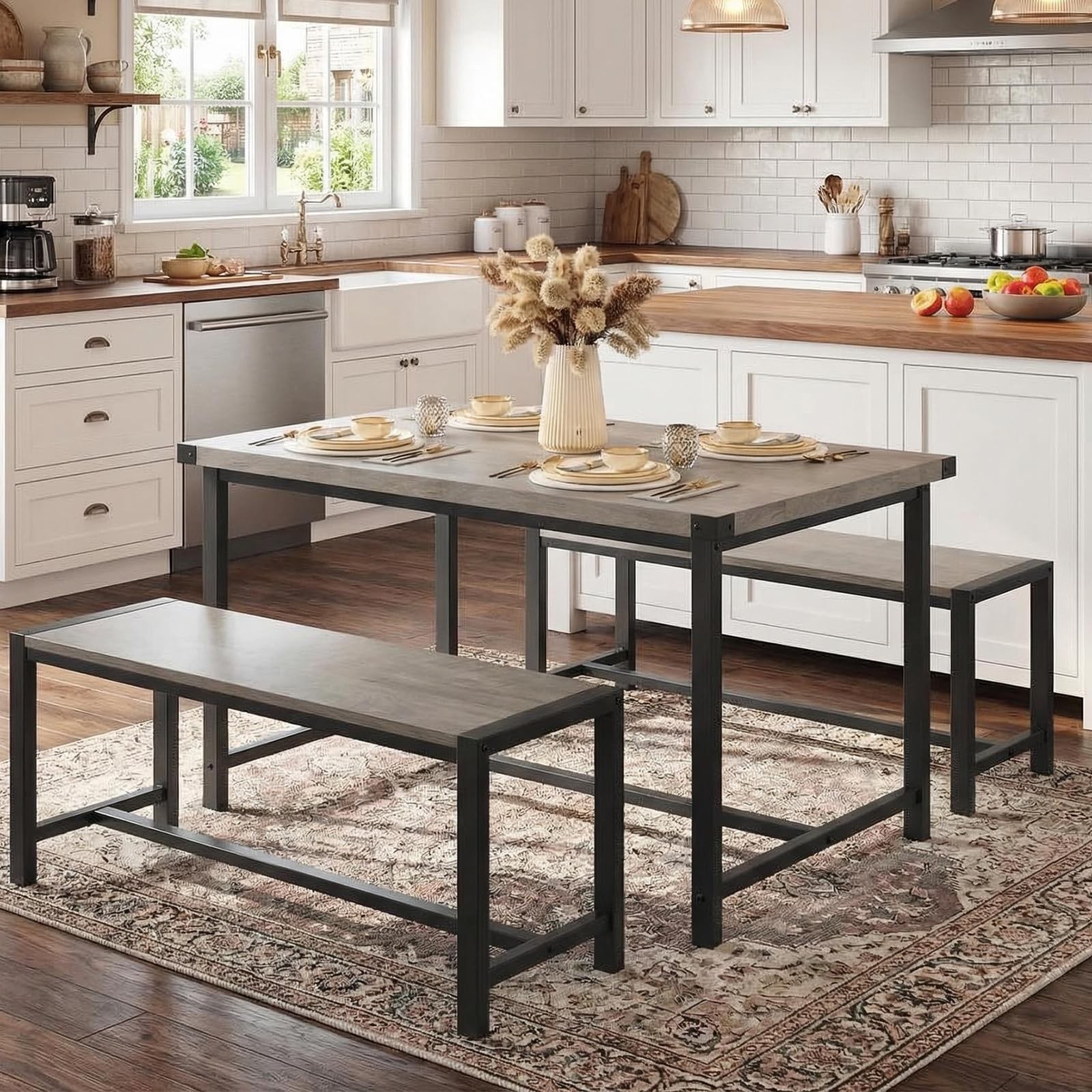 Kitchen Dining Table Set for 4 People Dinner Table with 2 Bench for Dining Room