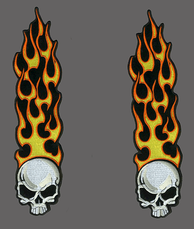 LONG FLAME SKULL PATCH  6.5  INCH  PAIR MC BIKER PATCH