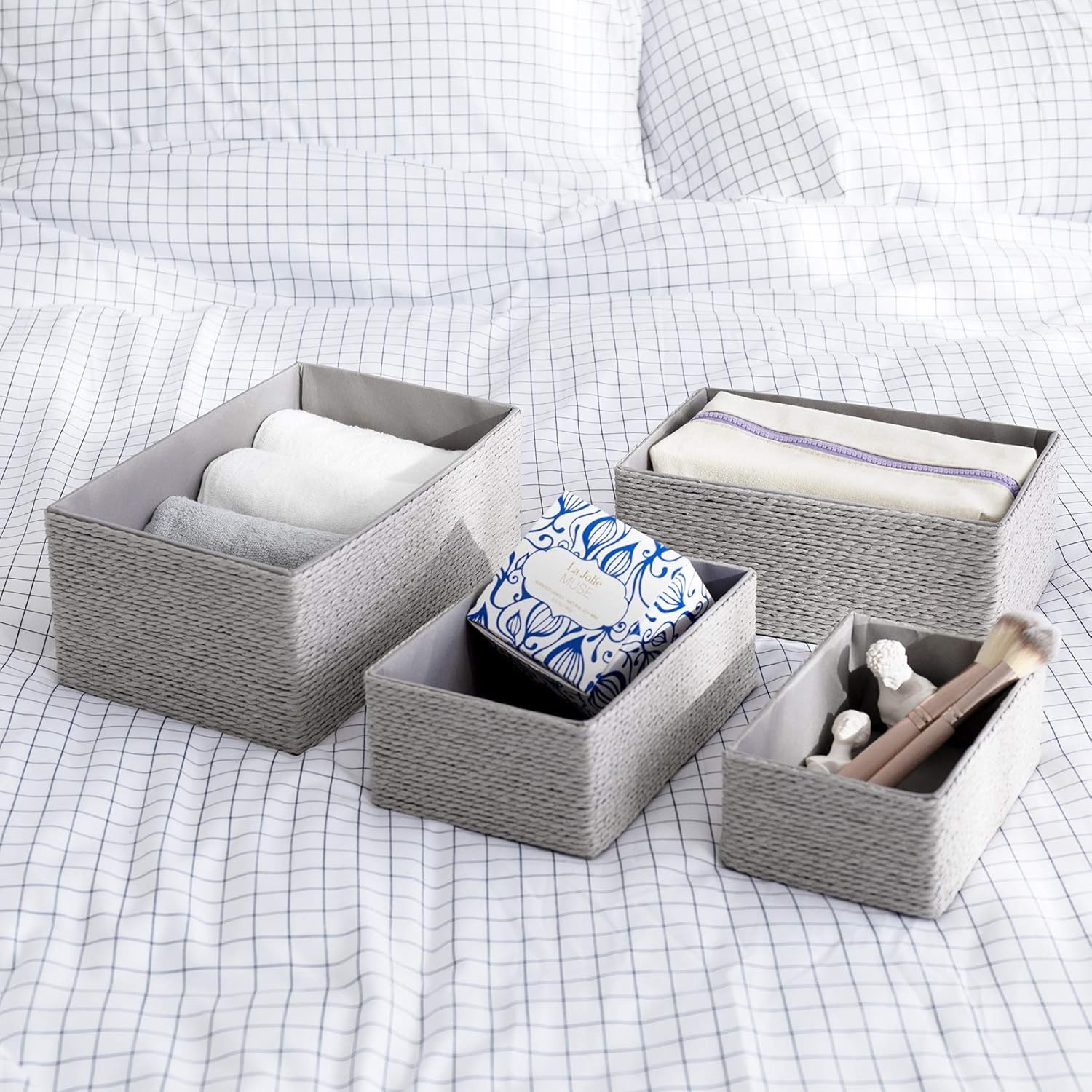Storage Baskets Set 4 Stackable Woven Basket Paper Rope Bin Storage Boxes Makeup