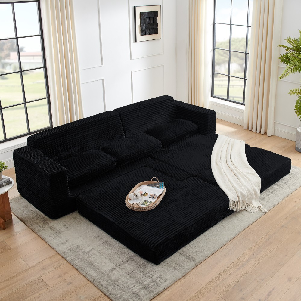 L-Shaped Gray Corduroy Sectional Sofa Converts to Queen Bed