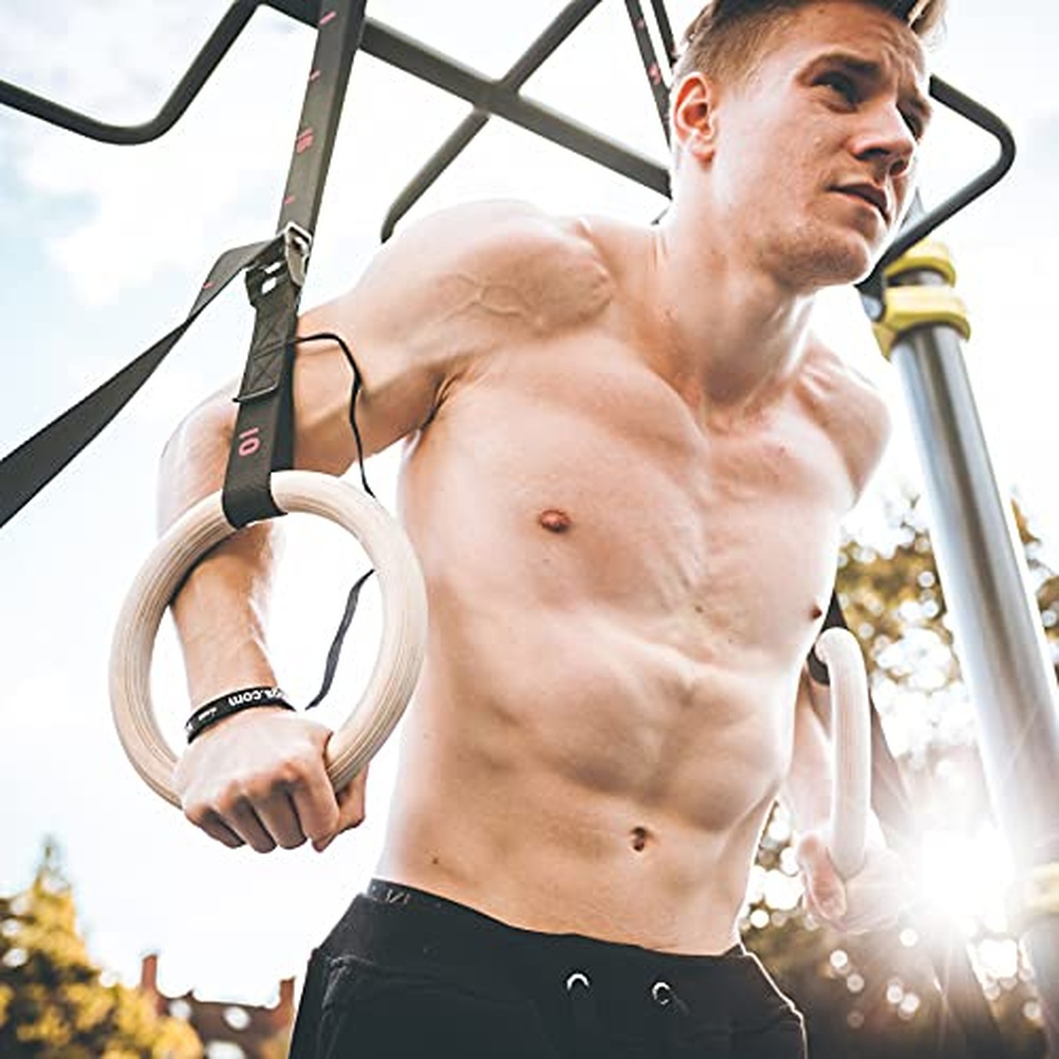 VIA Fortis® Premium Wooden Gym Rings with Straps, Bag & Workout Guide - Gym R...