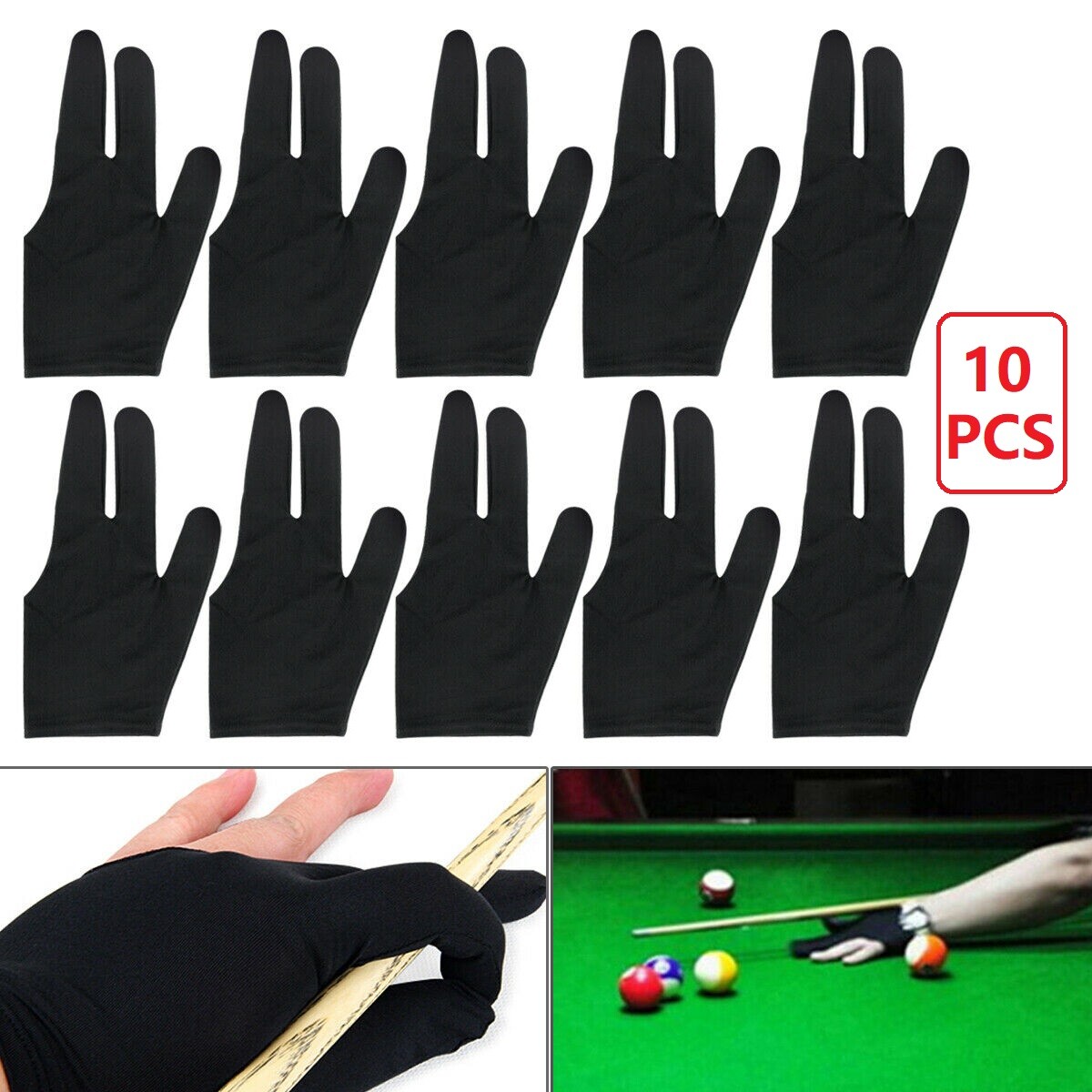 10PCS Sports Billiard Gloves Soft 3 Fingers Show Pool Cue Gloves Left Hand  USA