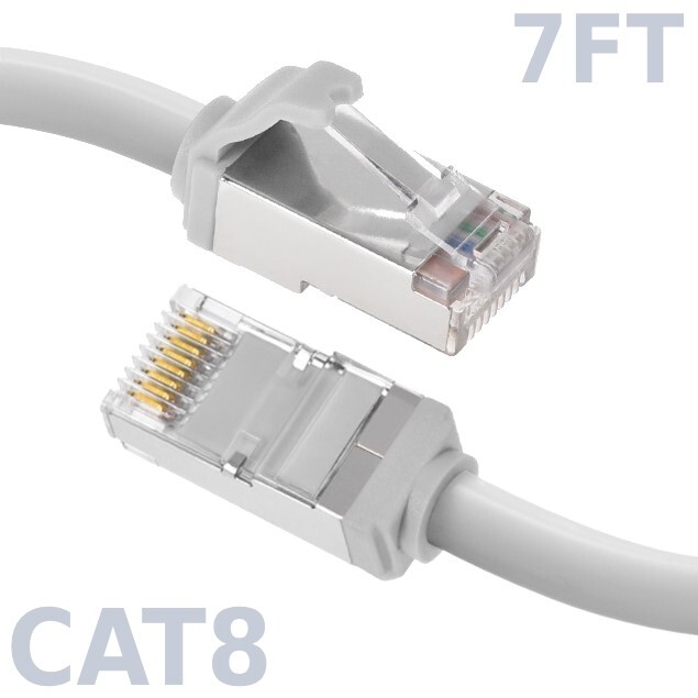 7FT Ethernet LAN Network Cat8 RJ45 S/FTP Cable Shielded Cord 28AWG 2GHz White