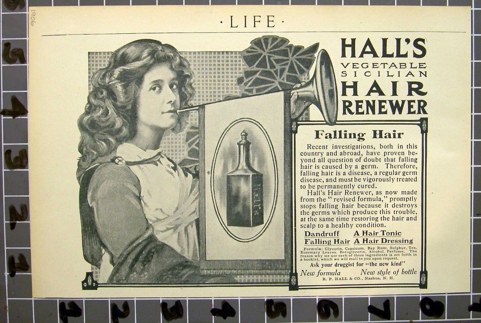 1906 HALLS HAIR RENEWAL TONIC BARBER SALON NASHAU BOTTLE BALD WOMAN  FC0FC004