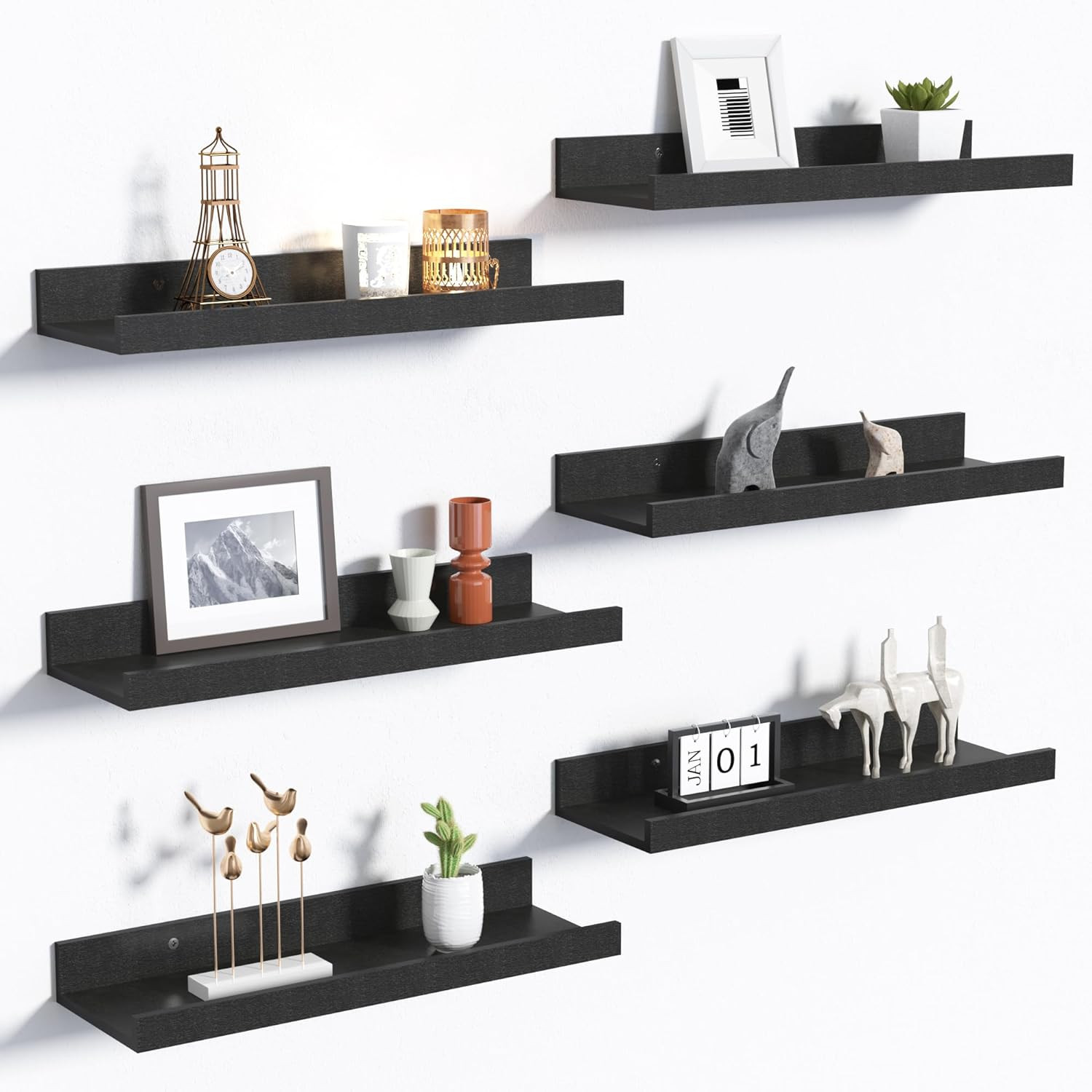 Floating Shelves for Wall Decor and Storage, Black, 6Pcs 15.7'' | Wall Mounted W