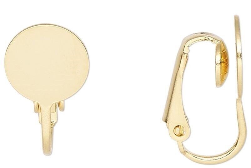 Earring, Clip-On, 10 OR 100 Gold Plated Steel 19mm Hinged Earrings with 10mm Pad