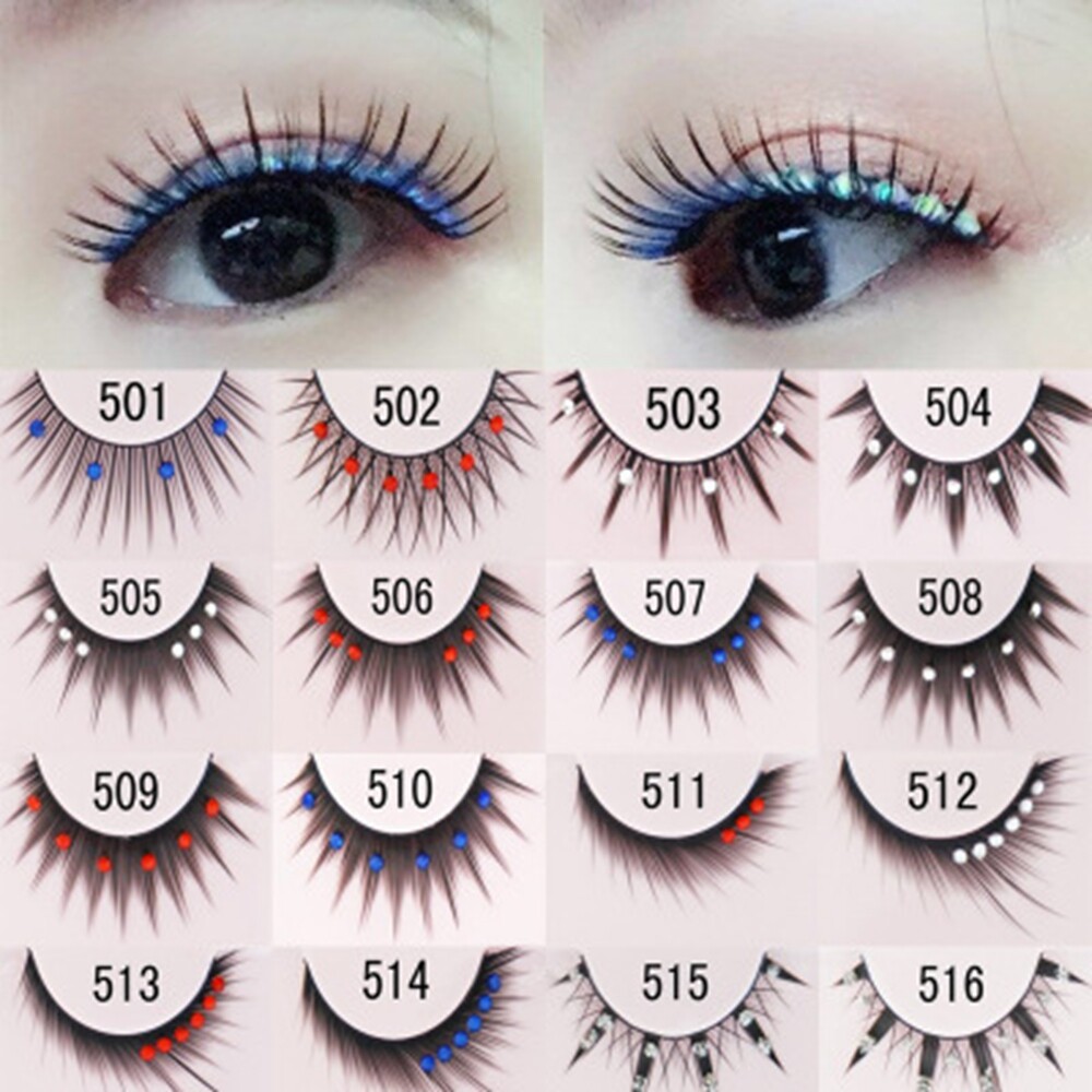 3Pairs Color Rhinestone Cosplay False Eyelashes Thick curl false eyelashes