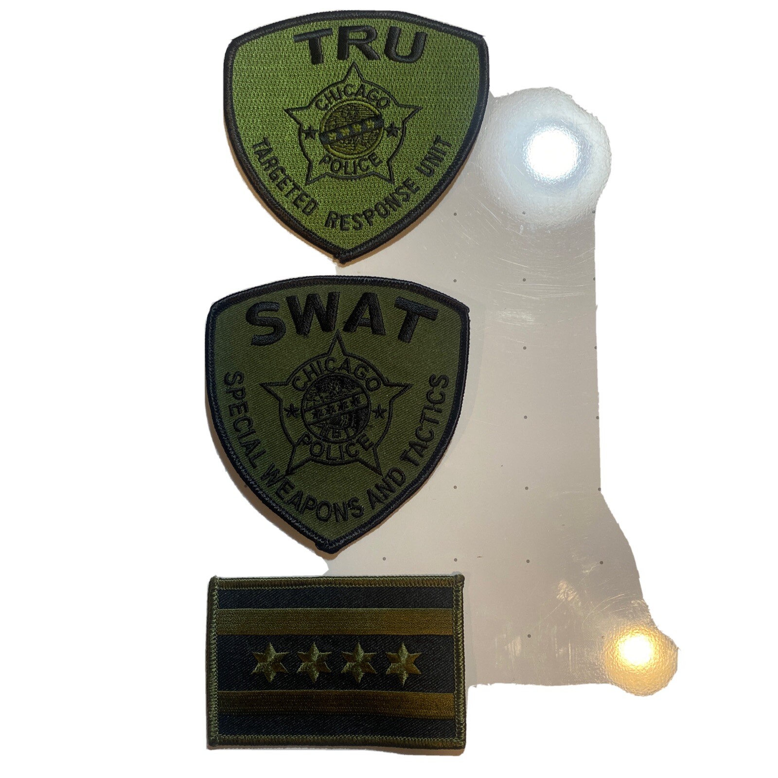 3 Chicago Police Department Patches, Swat, Tru Unit, Olive Drab City Flag CPD
