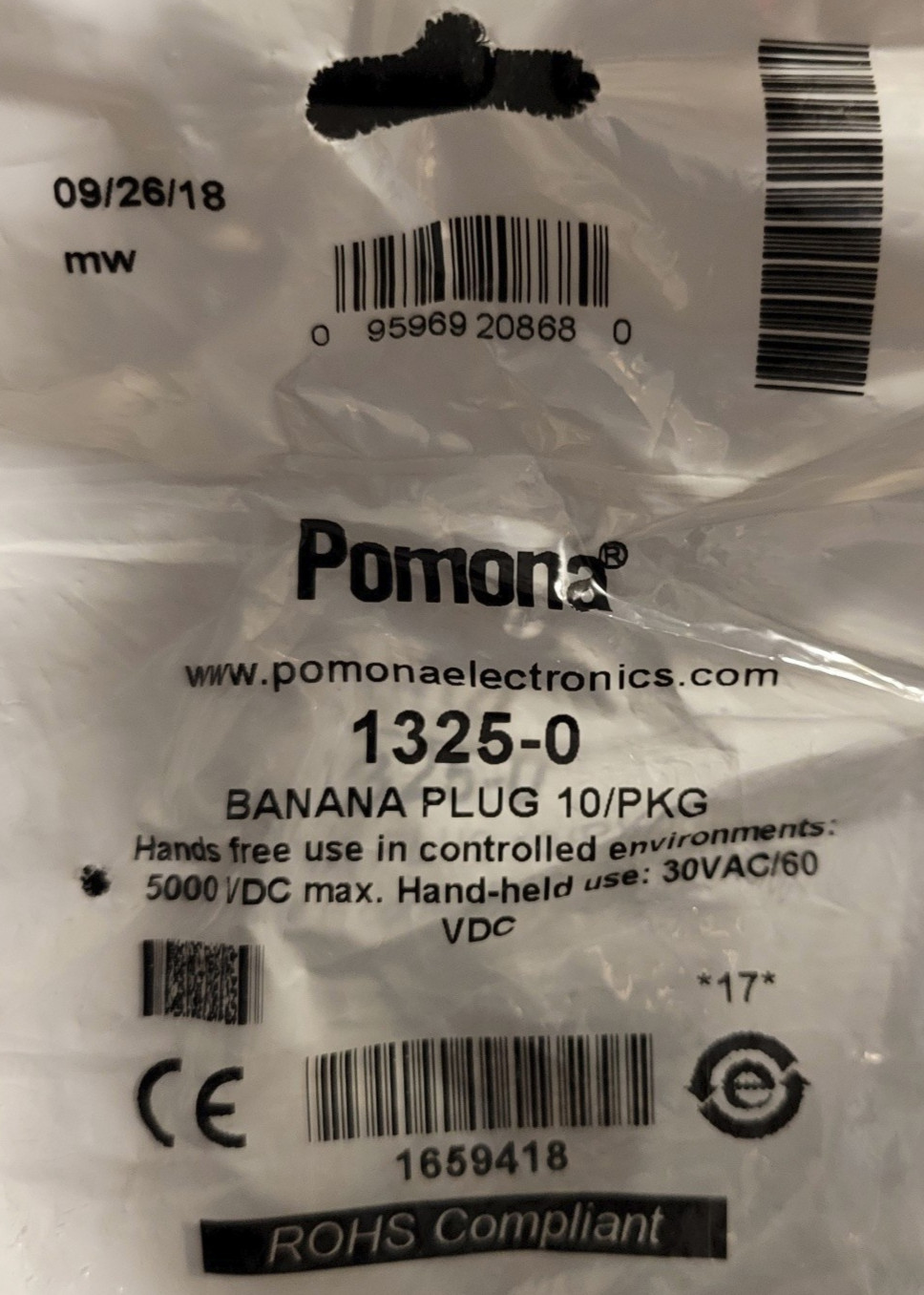 Pomona 1325-0 Banana Plug 10 Pack 5000 VDC Max Hand-Held use 30VAC/60 VDC