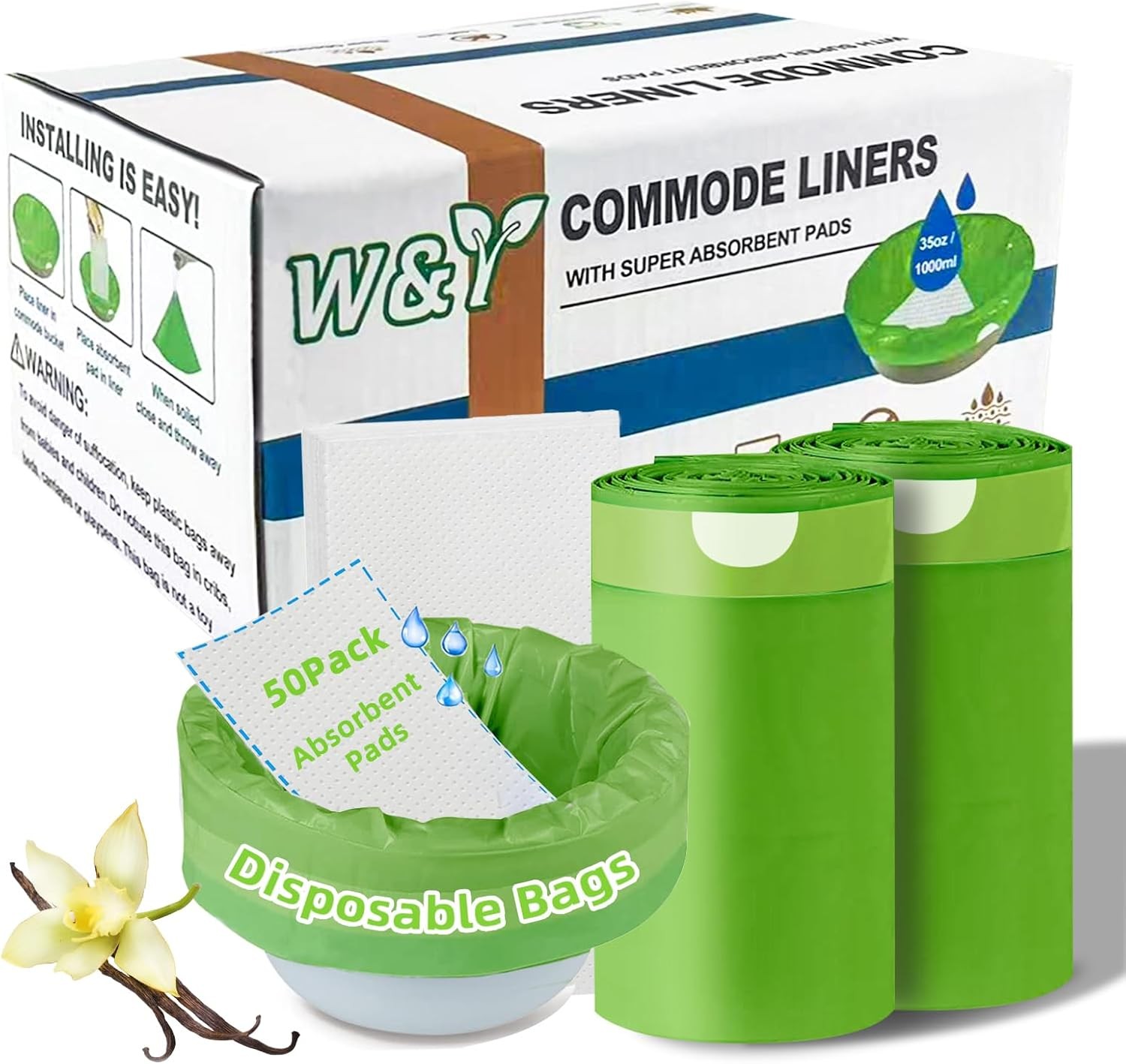 W&Y 50 Pack Commode Liners with Super Absorbent 50 pack bags+pads, green