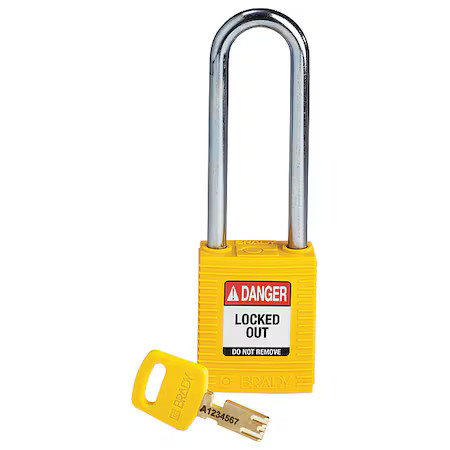 Brady Nyl-Ylw-76St-Kd Lockout Padlock, Keyed Different, Nylon, Yellow, 3 In