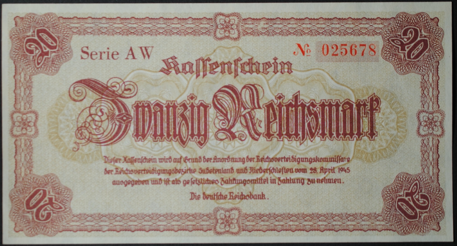 Germany P187 20 Reichsmark AU++