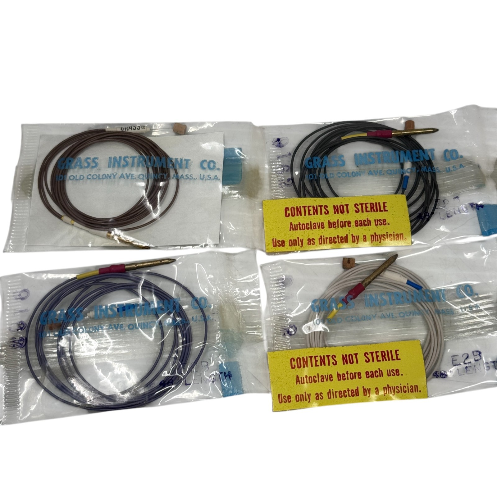 Lot of 4 – Grass Instrument EEG Electrode Lead Wires 48" – E2B Series NOS