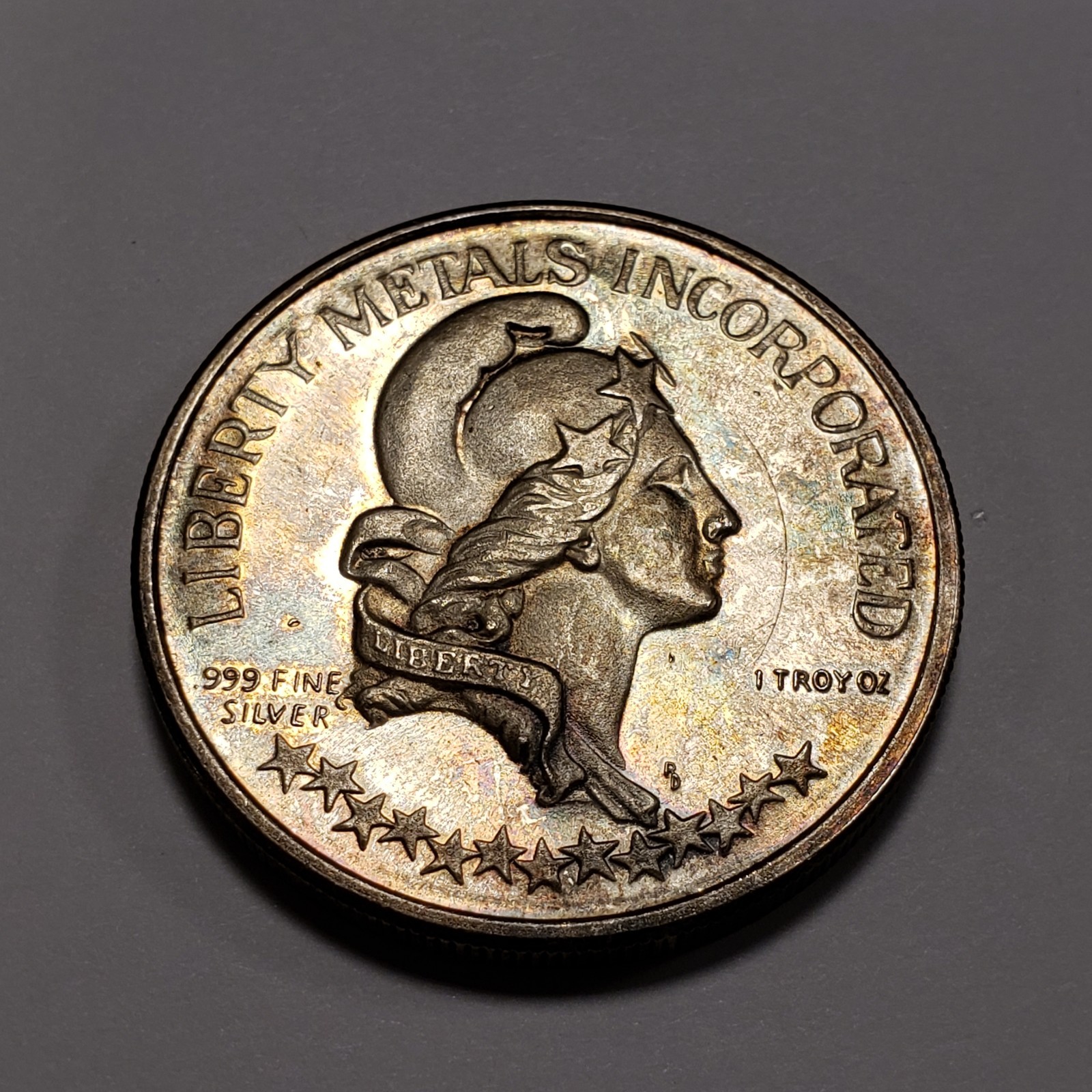 1 oz .999 Silver Round - 1974 Provo Utah Liberty Metals - Colorful Patina- F9479