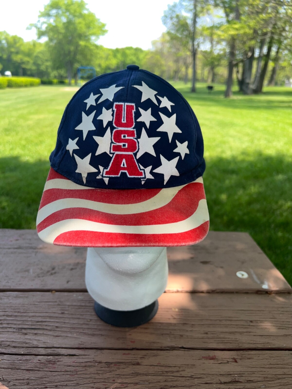 4th of July RWB USA Hat Cap Snapback Wavy Flag Stripes on Bill EUC