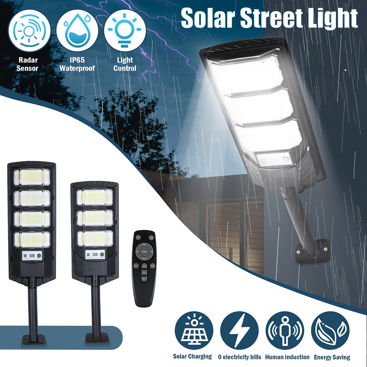 Commercial 10000000LM LED Outdoor Dusk to Dawn Solar Street Light Road Area Lamp