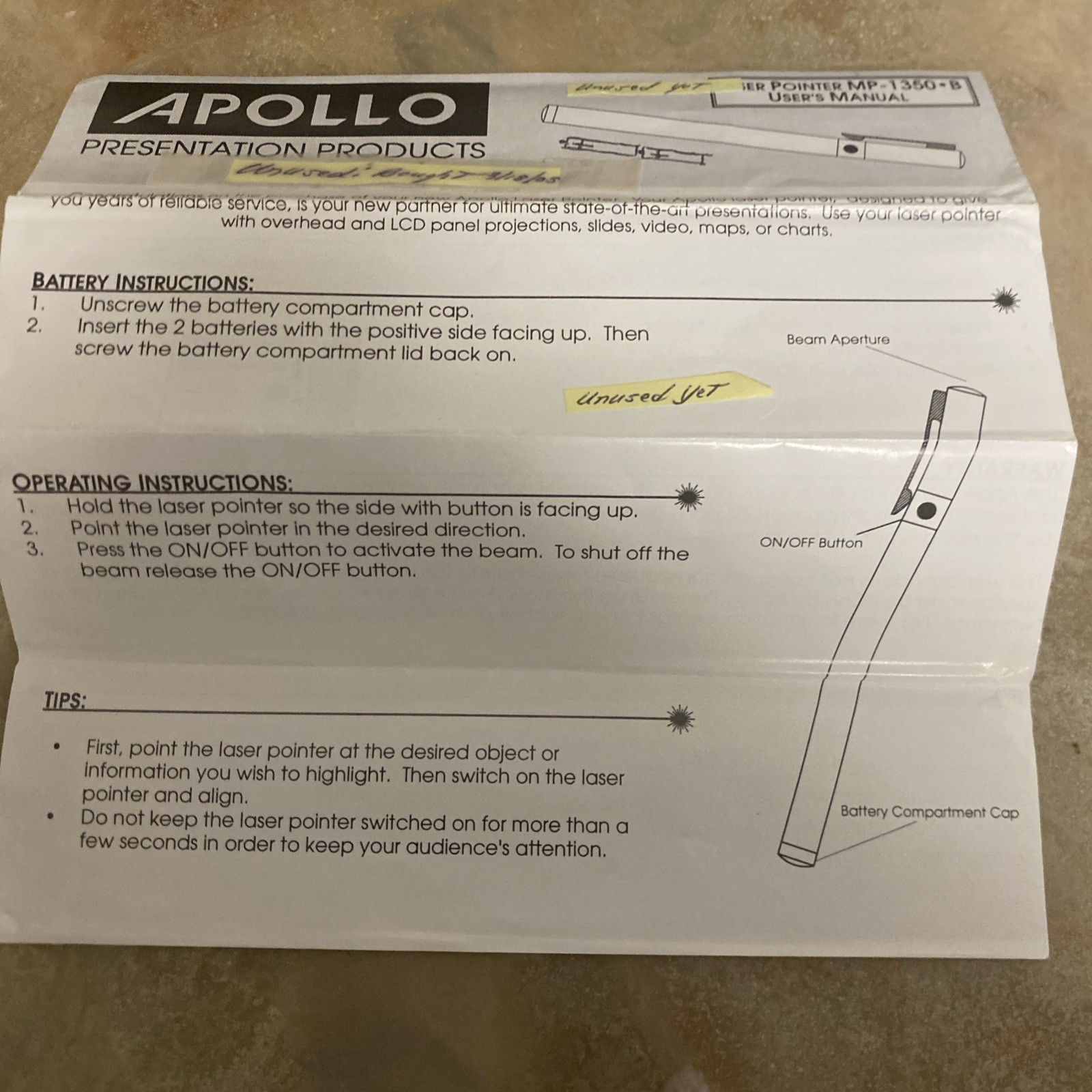 Apollo MP‑1350 Class II Red Laser Pointer Pen w/ Case & Manual Tested Working