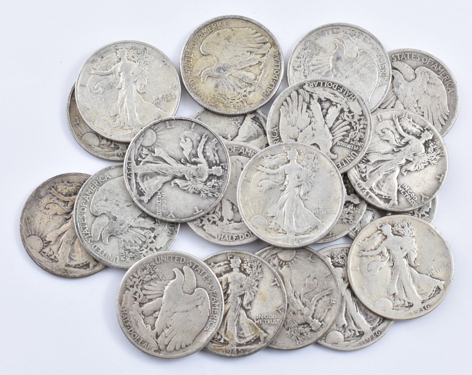 (20) 1934-1947 Walking Liberty Half Dollar 90% Silver Roll $10 Face Lot