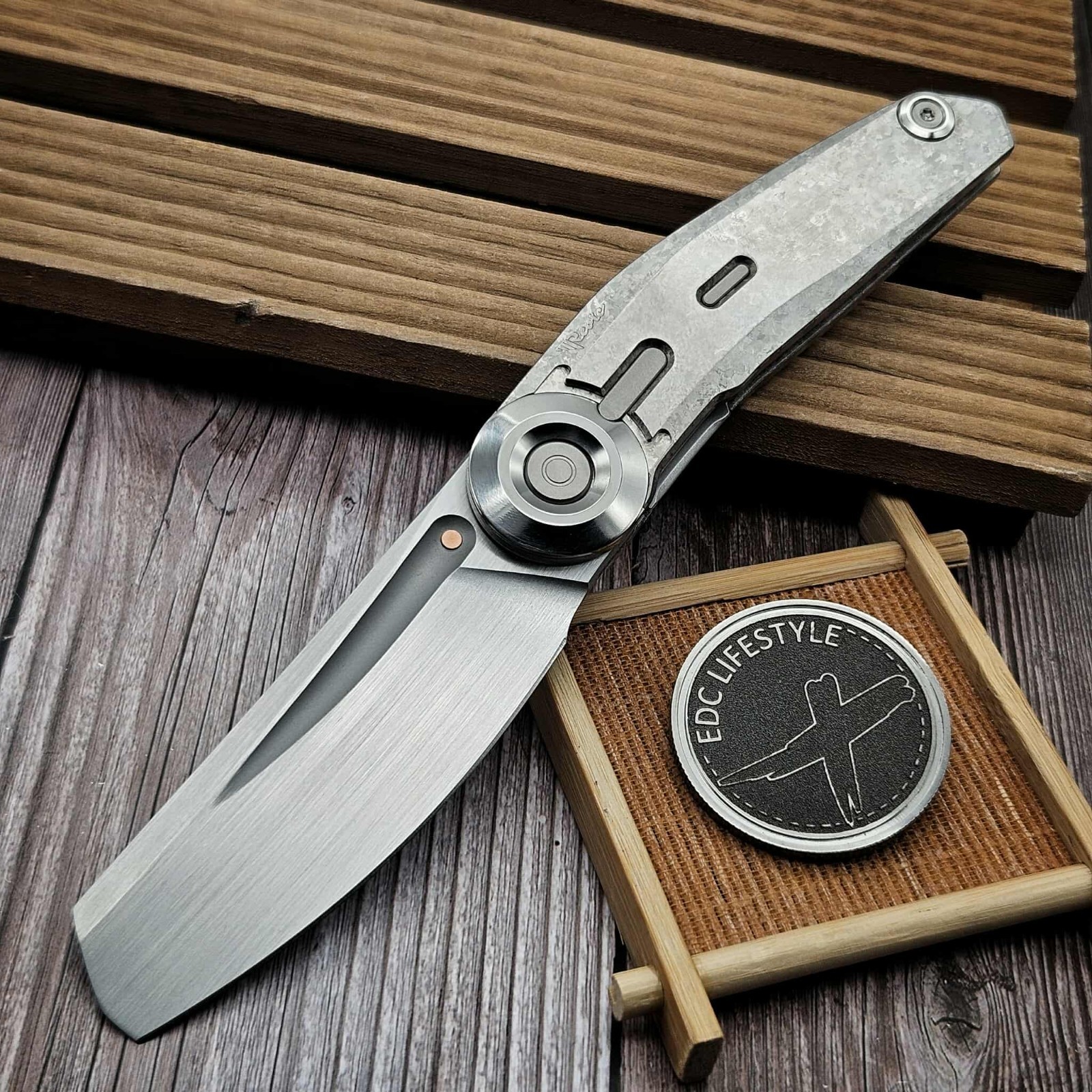 Reate Knives VK-CLU Folding Knife 3.5" Elmax Steel Blade Silver Titanium Handle