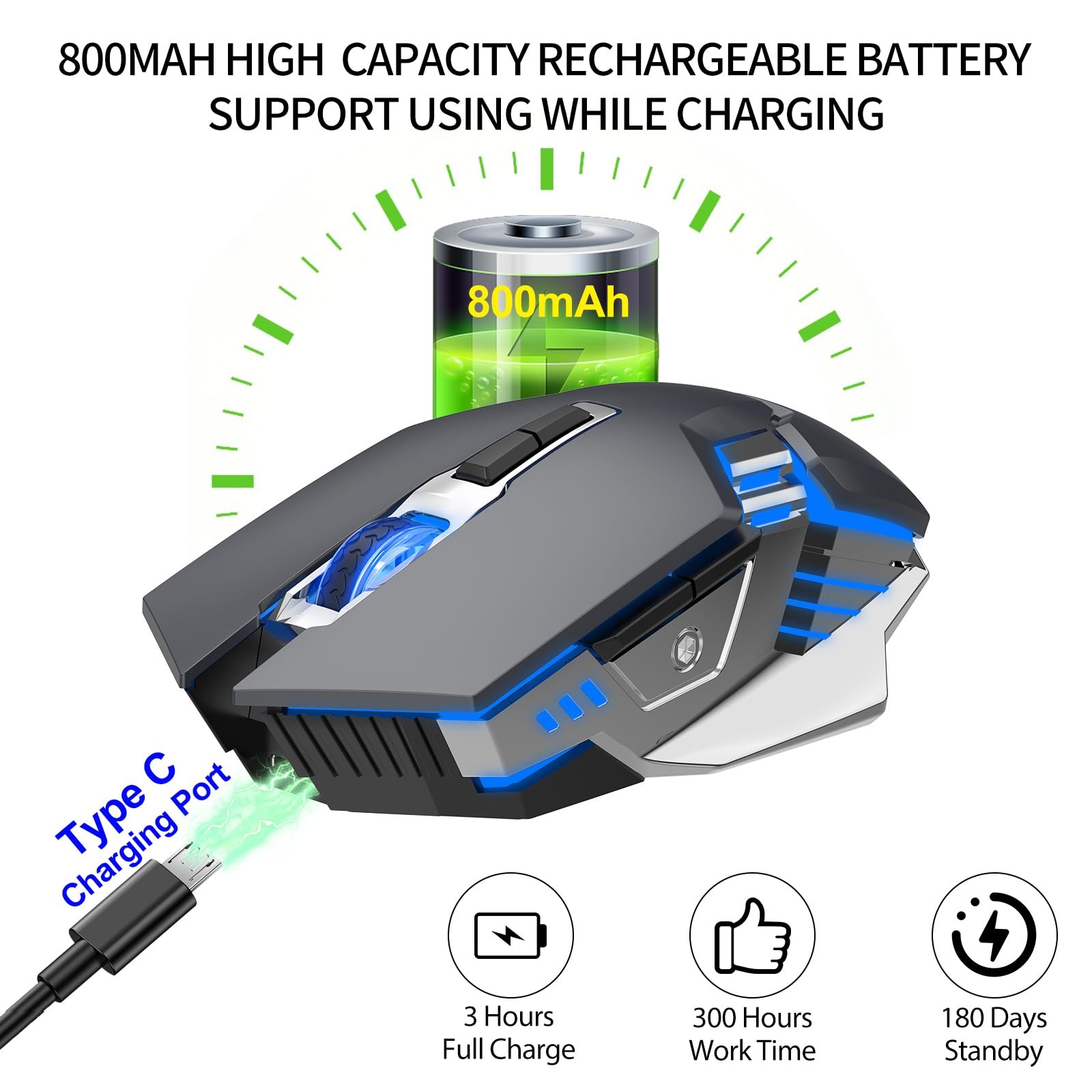 Bluetooth Gaming Mouse RGB Rechargeable Silent 6 Button DPI Laptop PC Grey