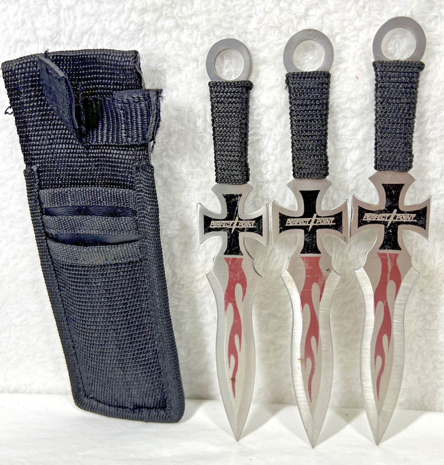 3 PC Throwing Knife Set Tactical Biker Cross Flame Cord Wrapped Sheath Full Tang