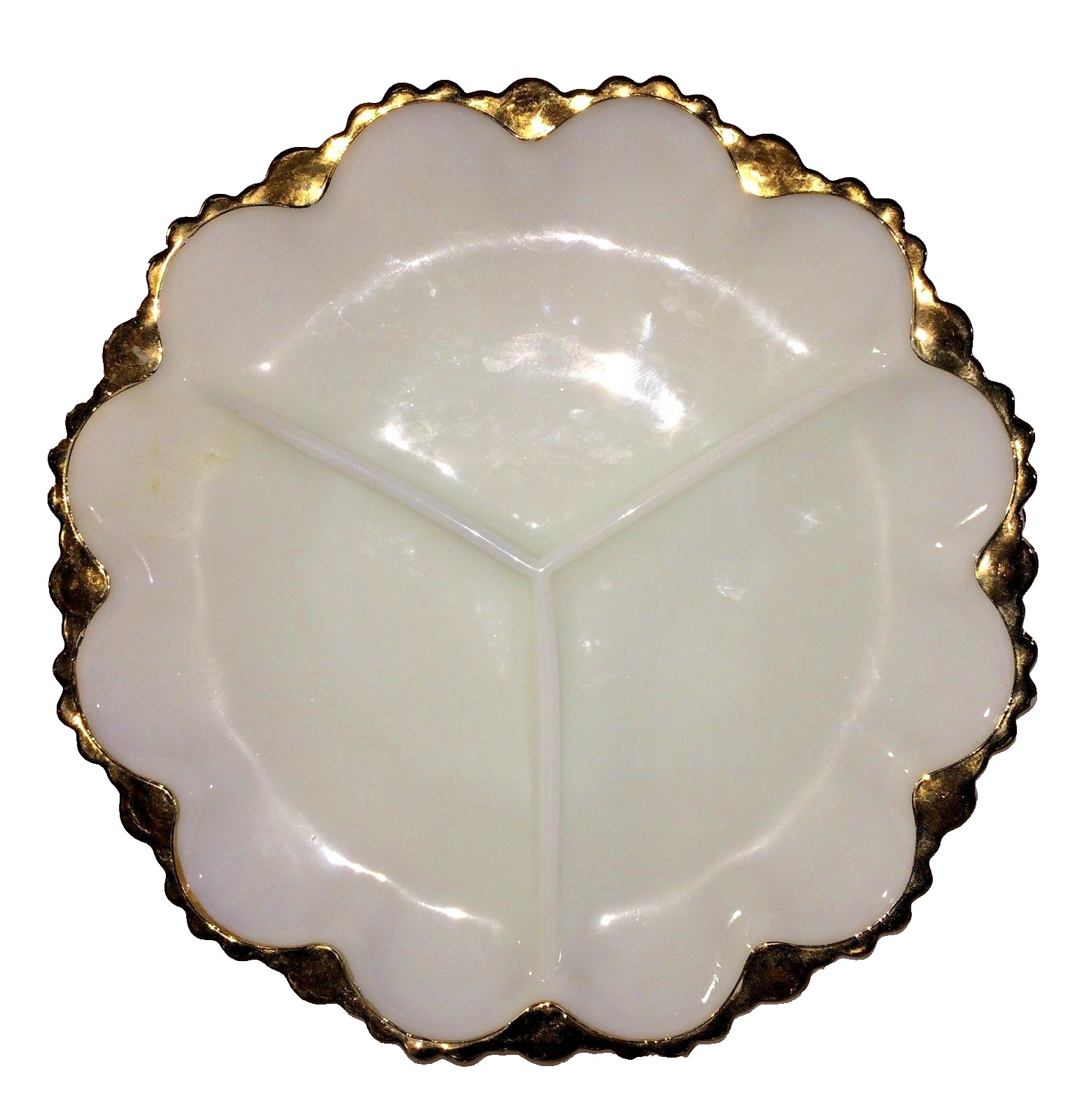 Vintage Serving Dish White with Gold Trim 3 Sections Milk Glass 9 3/4" Wide