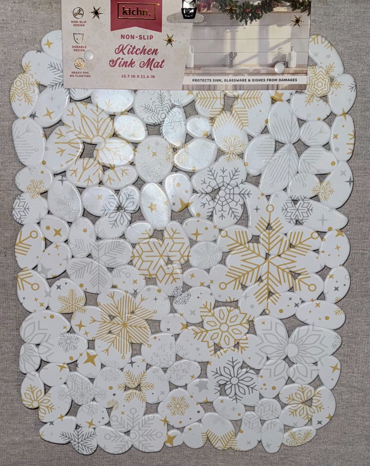 Ktchn. White, Silver, & Gold Snowflake Print Sink Mat
