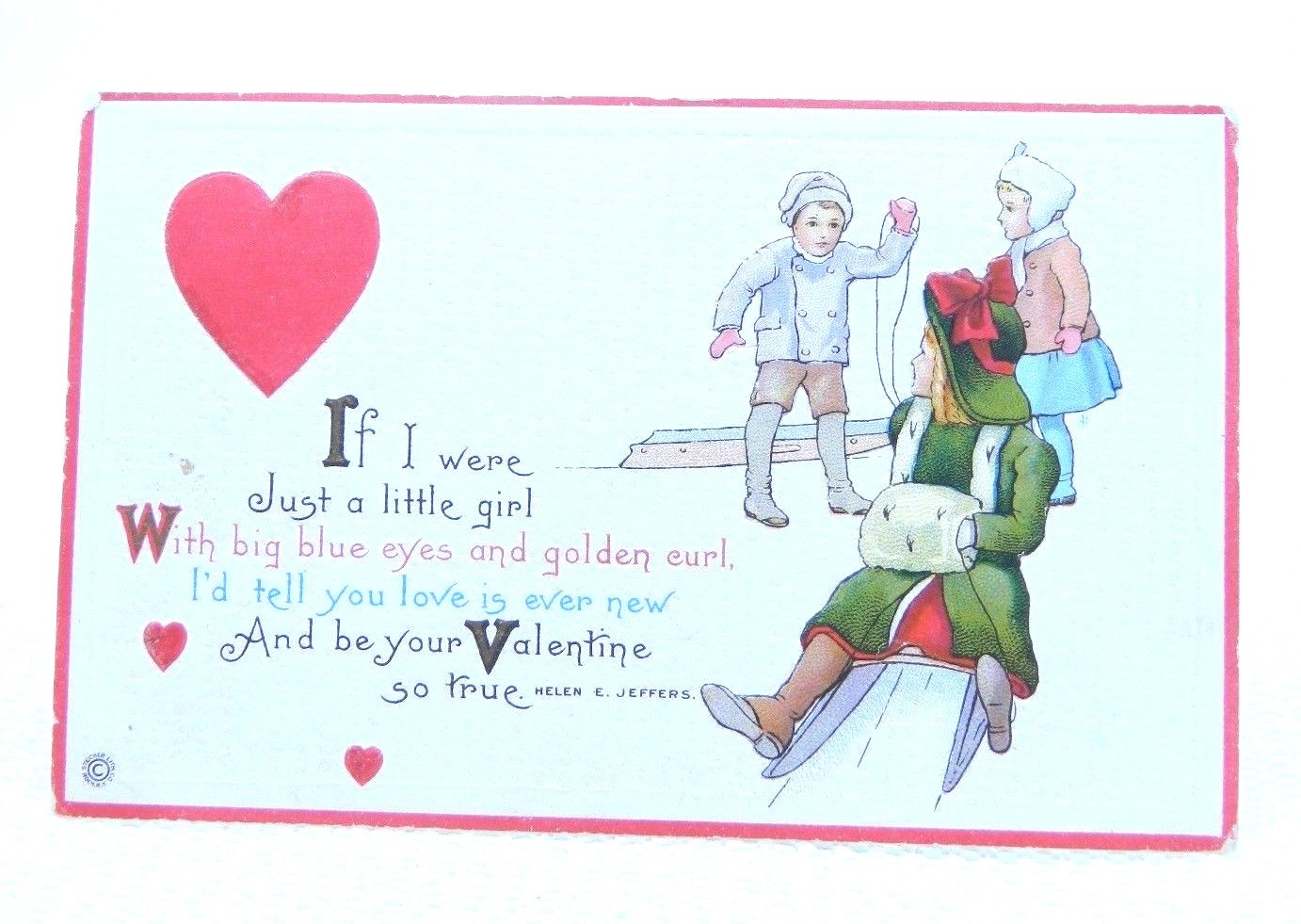 Antique 1919 Victorian Color Embossed Children Valentine's Day Signed Postcard