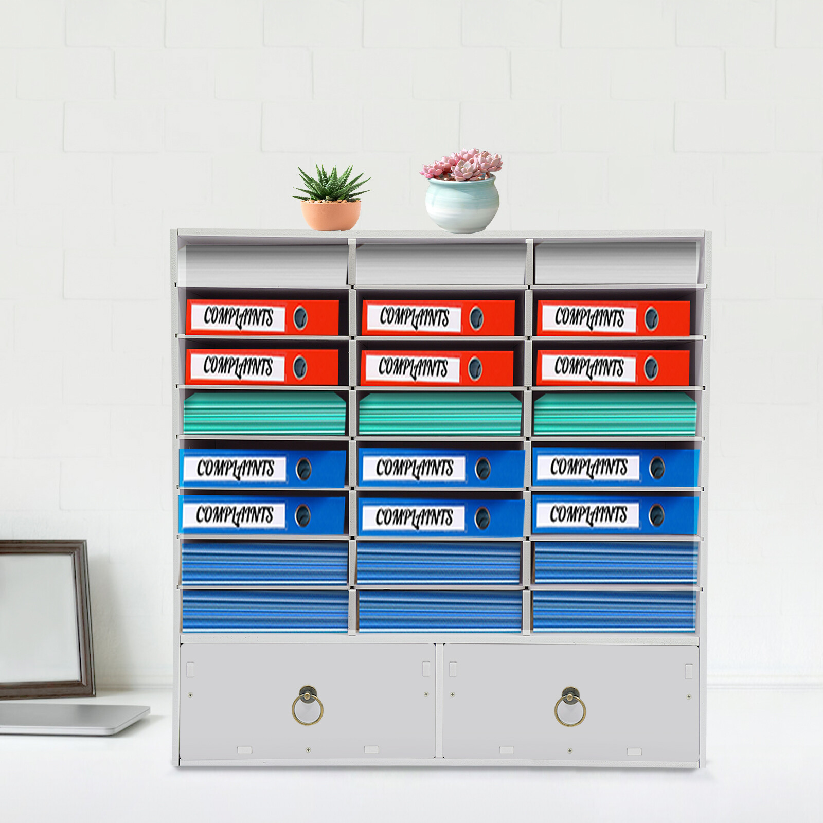 24 Compartments Paper and Mail Organizer Storage Cabinet and 2 Drawers