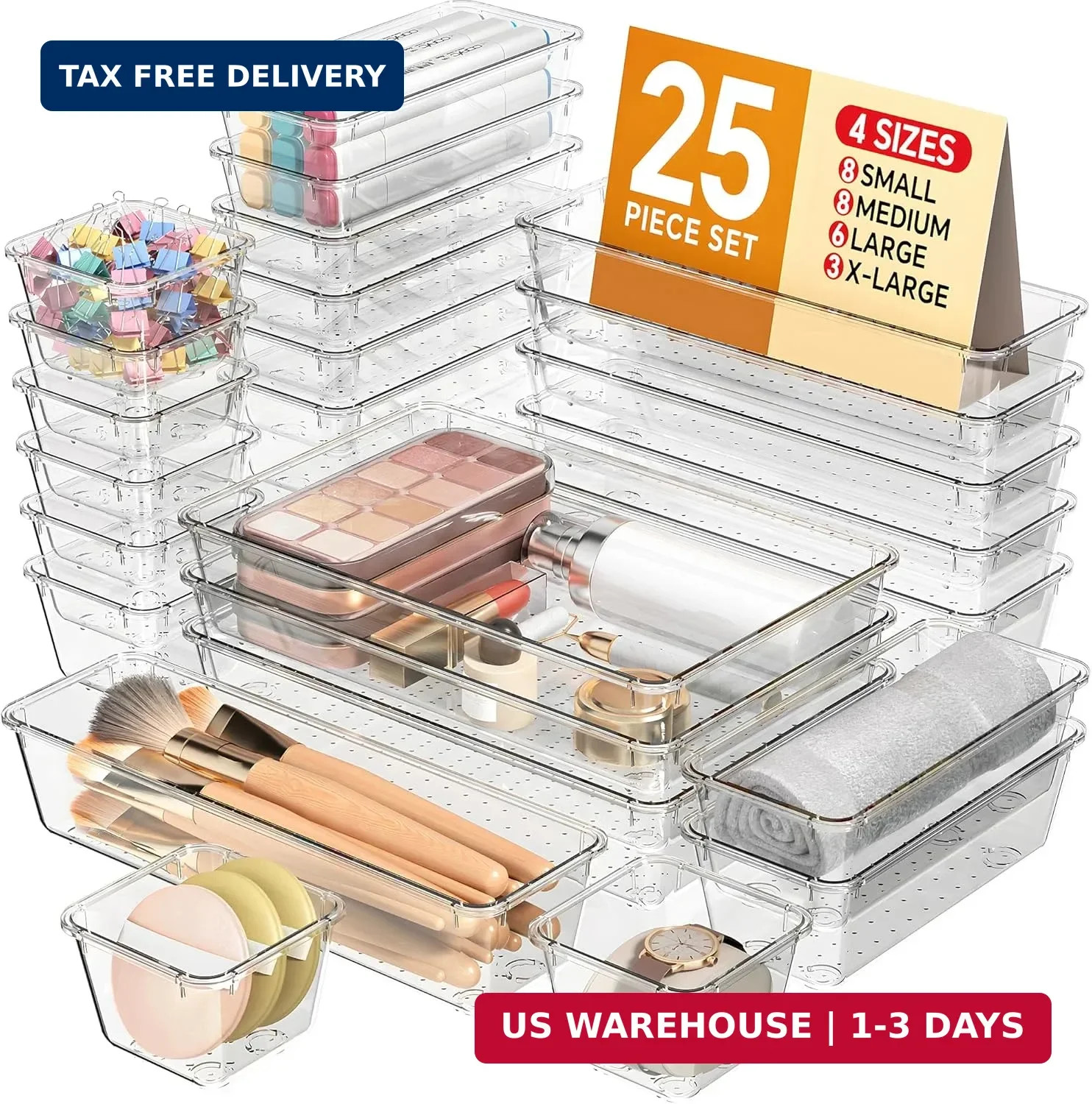 KEMETHY 25 PCS Plastic Drawer Organizers Set, 4 Sizes Vanity Organizer | Makeup