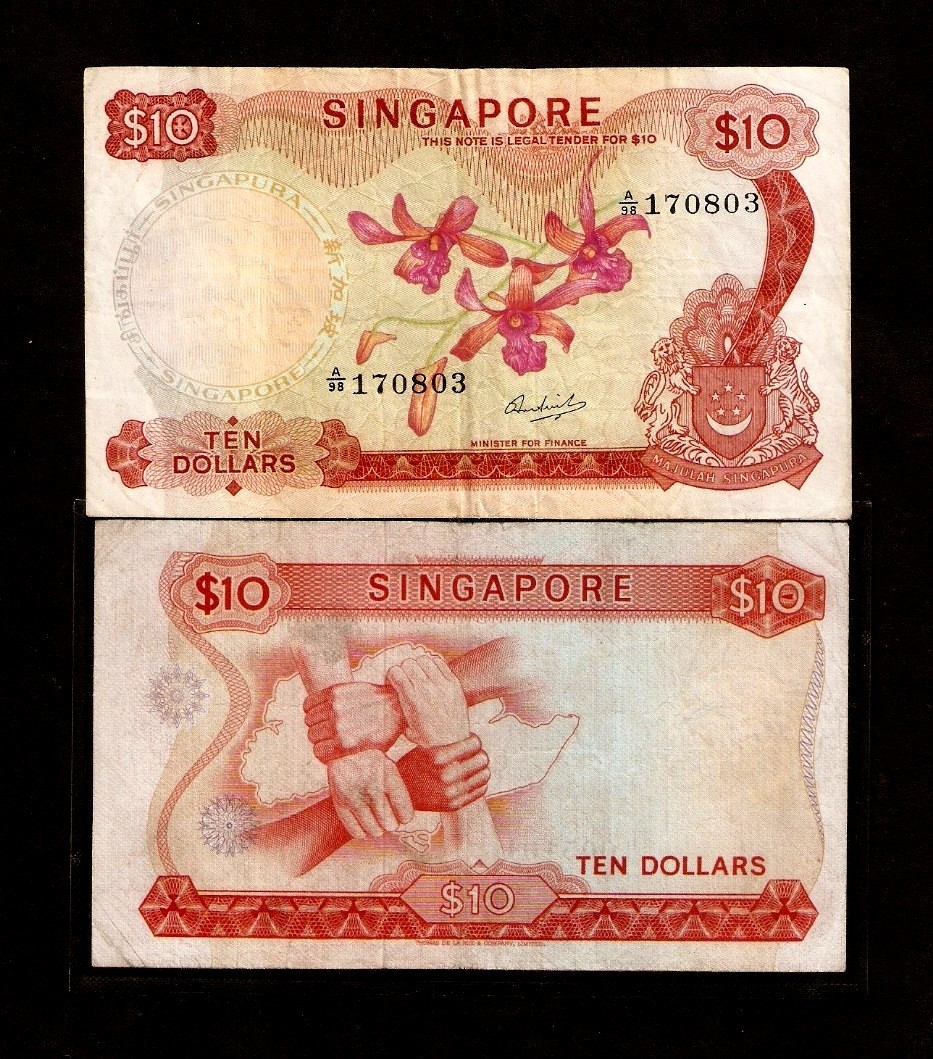 SINGAPORE $10 P3c 1967 BOAT ORCHID *W/O SEAL* SCARCE BRUNEI WORLD CURRENCY NOTE