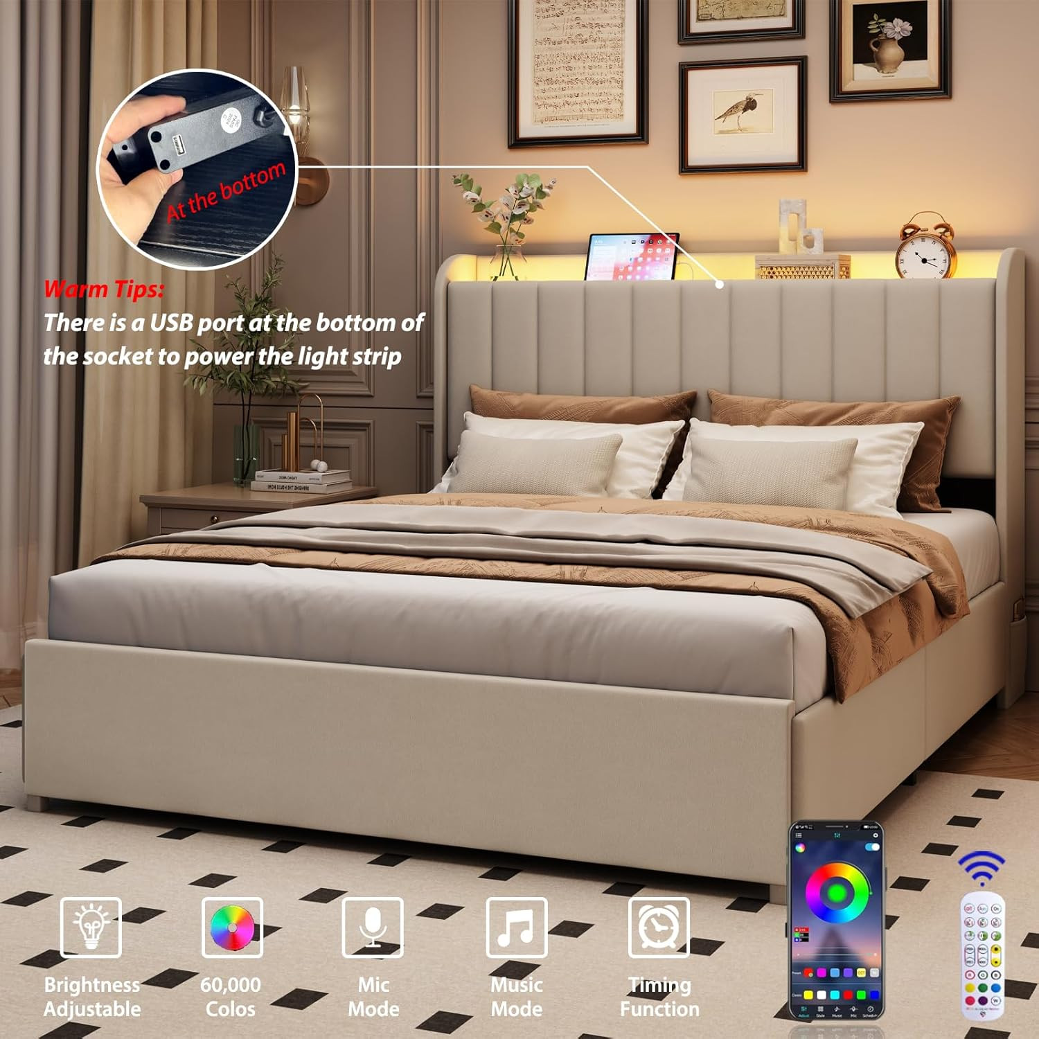 Full Bed Frame with 4 Drawers and Storage Headboard, Upholstered Platform Bed Fr