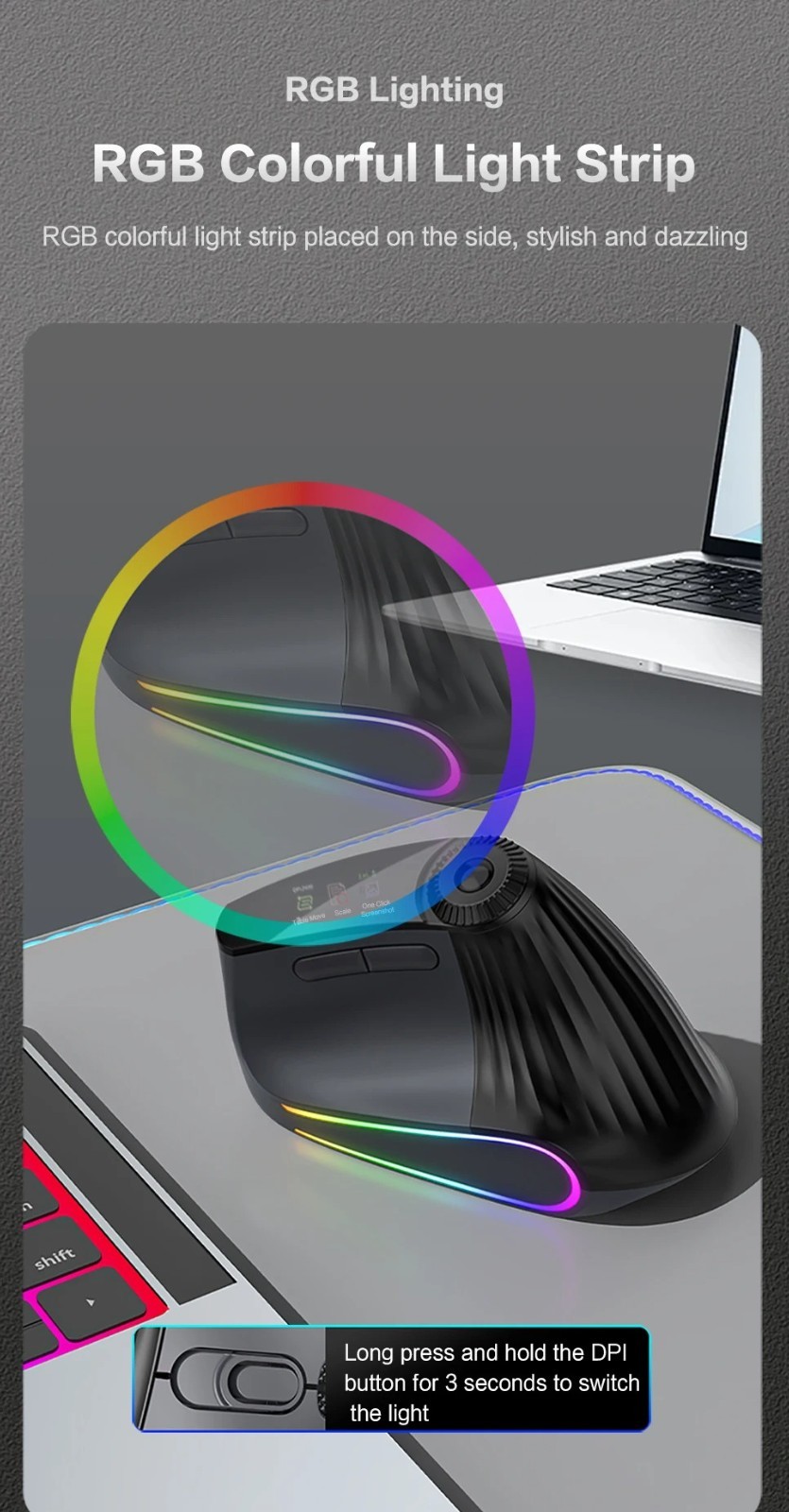 Backlit Wireless Ergonomic Mouse Bluetooth 2.4G Rechargeable w/ Smart Scroll