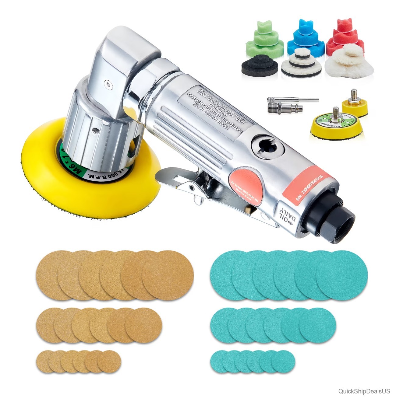 Random Orbital Air Sander 15000 RPM 3 CFM 90 PSI 1/4 NPT Kit with 58PCS Sanding