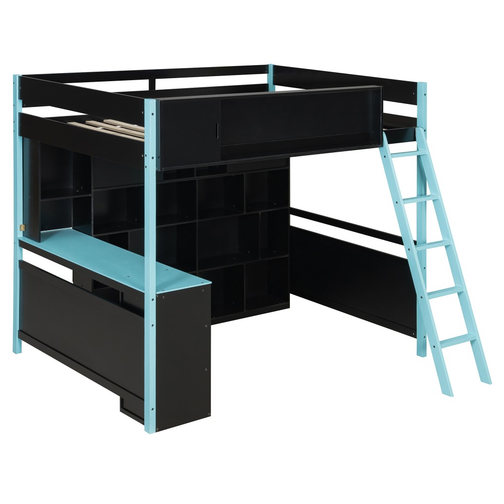 Full Size Wood Loft Bed with Desk, Ample Storage Space and Light Blue Bed Frame