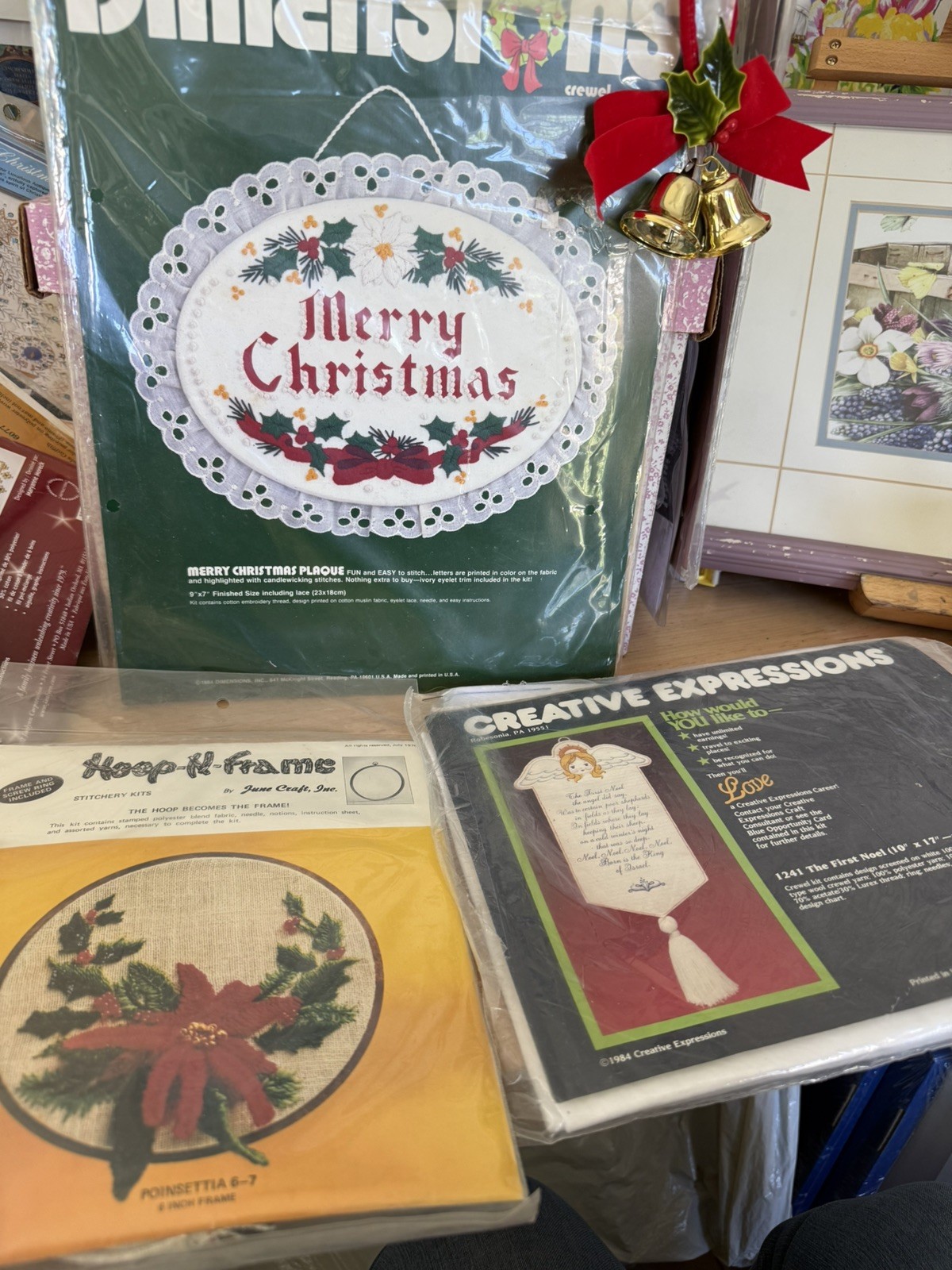 Three Vintage Christmas needlework kits!  bead/embroidery, crewel, Candlewicking