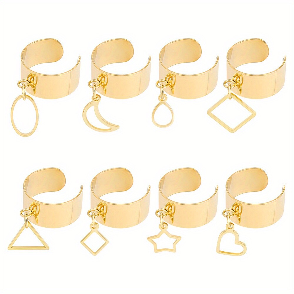 1set 8pc 8 style 304 Stainless Steel Open Cuff Rings set with Hollow Charms Star