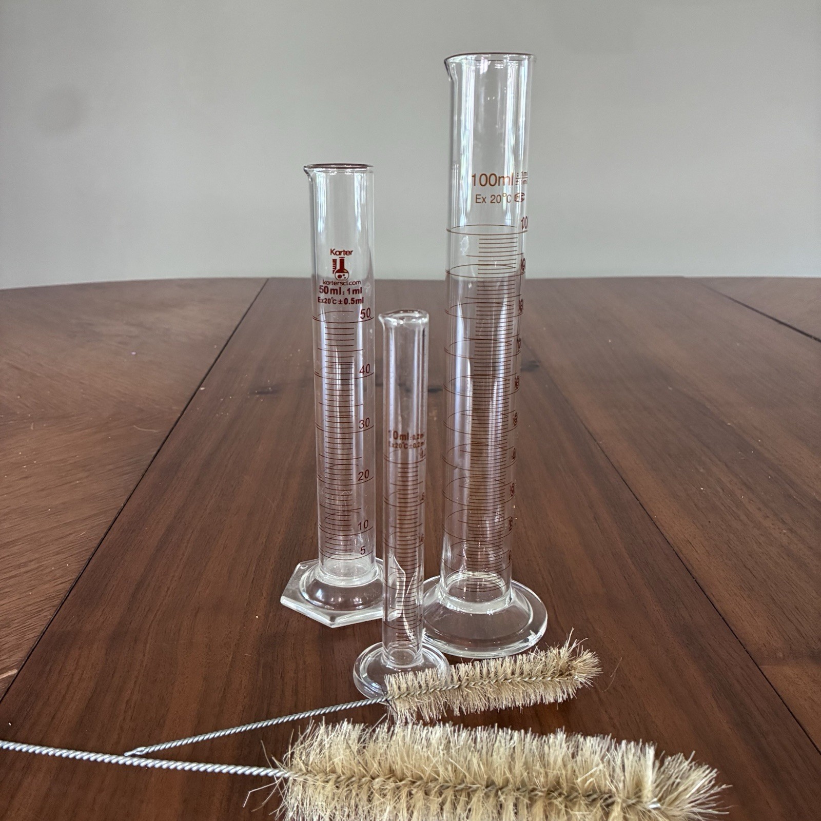 3 Glass Graduated Cylinders 10mL 50mL 100mL Karter MTC + 2 Cleaning Brushes,