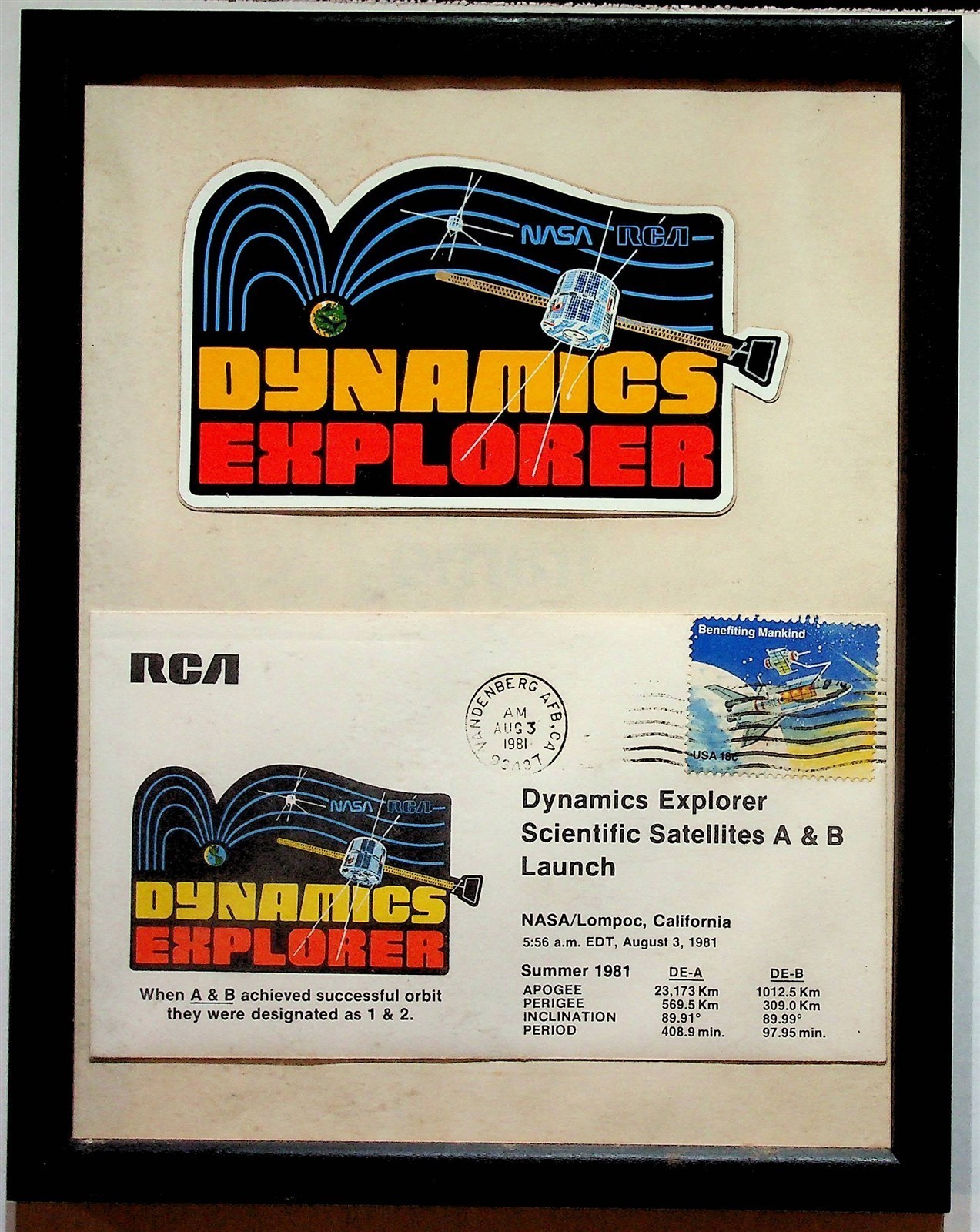 Nasa RCA Dynamics Explorer Scientific Satellites Launch 1981 Decal Cover Framed